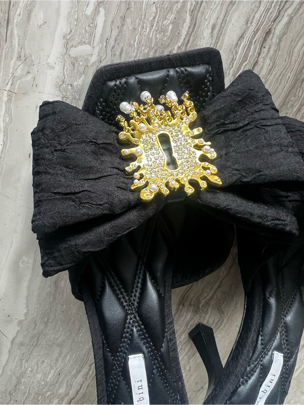 Gianni Bini Black Bow Mule Heels with Gold-tone Brooch - Picture 7 of 9